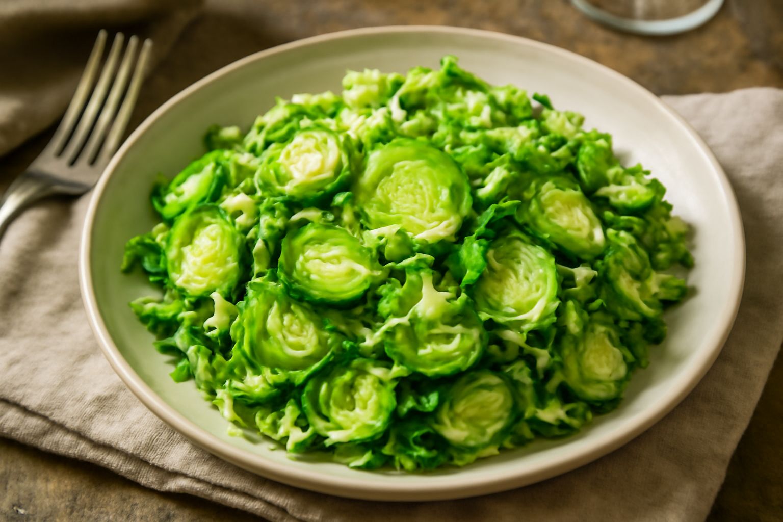 Insalata di cavolini di Bruxelles affettati finemente, di colore verde acceso con striature bianche, condita con olio dorato e semi, presentata in una ciotola bianca con accanto una foglia di cavolo i