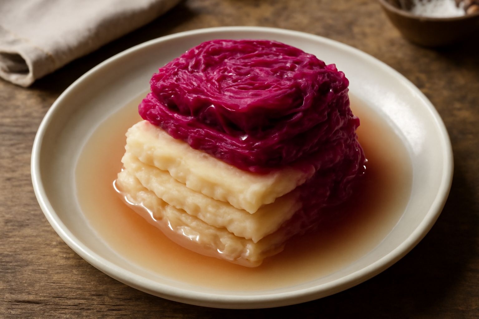 Barattolo di vetro con cavolo cappuccio fermentato rosso e bianco in strati, salamoia limpida, il tutto su un tavolo di legno con le foglie di cavolo fresche accanto