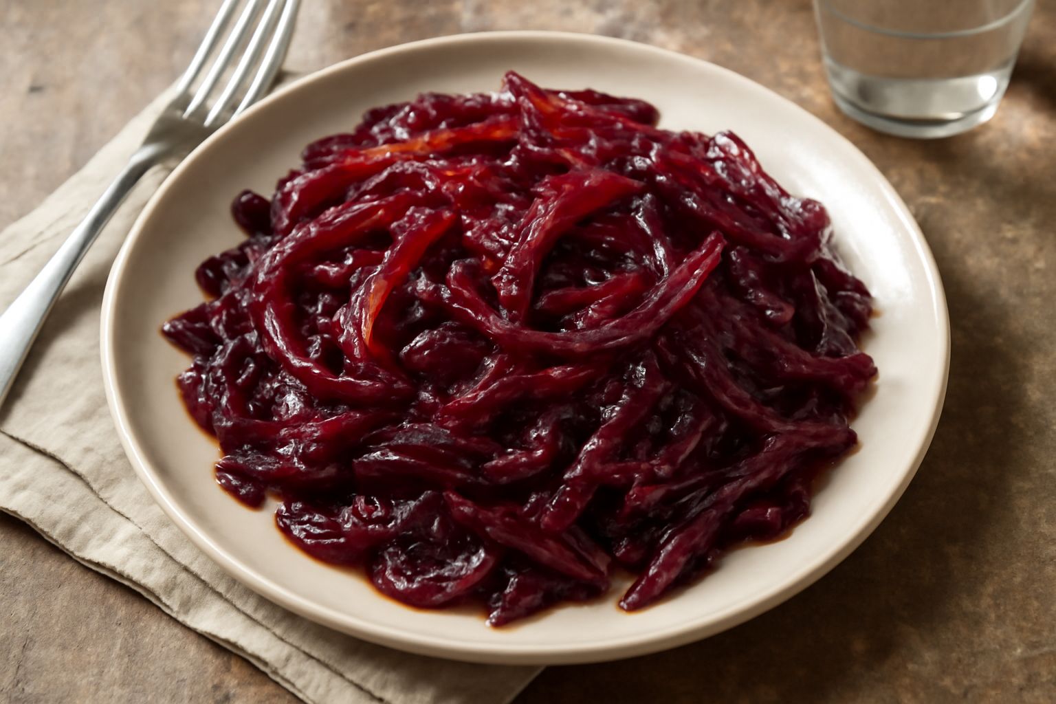 Cavolo cappuccio in agrodolce tagliato a strisce sottili, dorato e lucido in una ciotola bianca, con una leggera glassa trasparente che lo ricopre. Colore rosso violaceo con riflessi caramellati, cont
