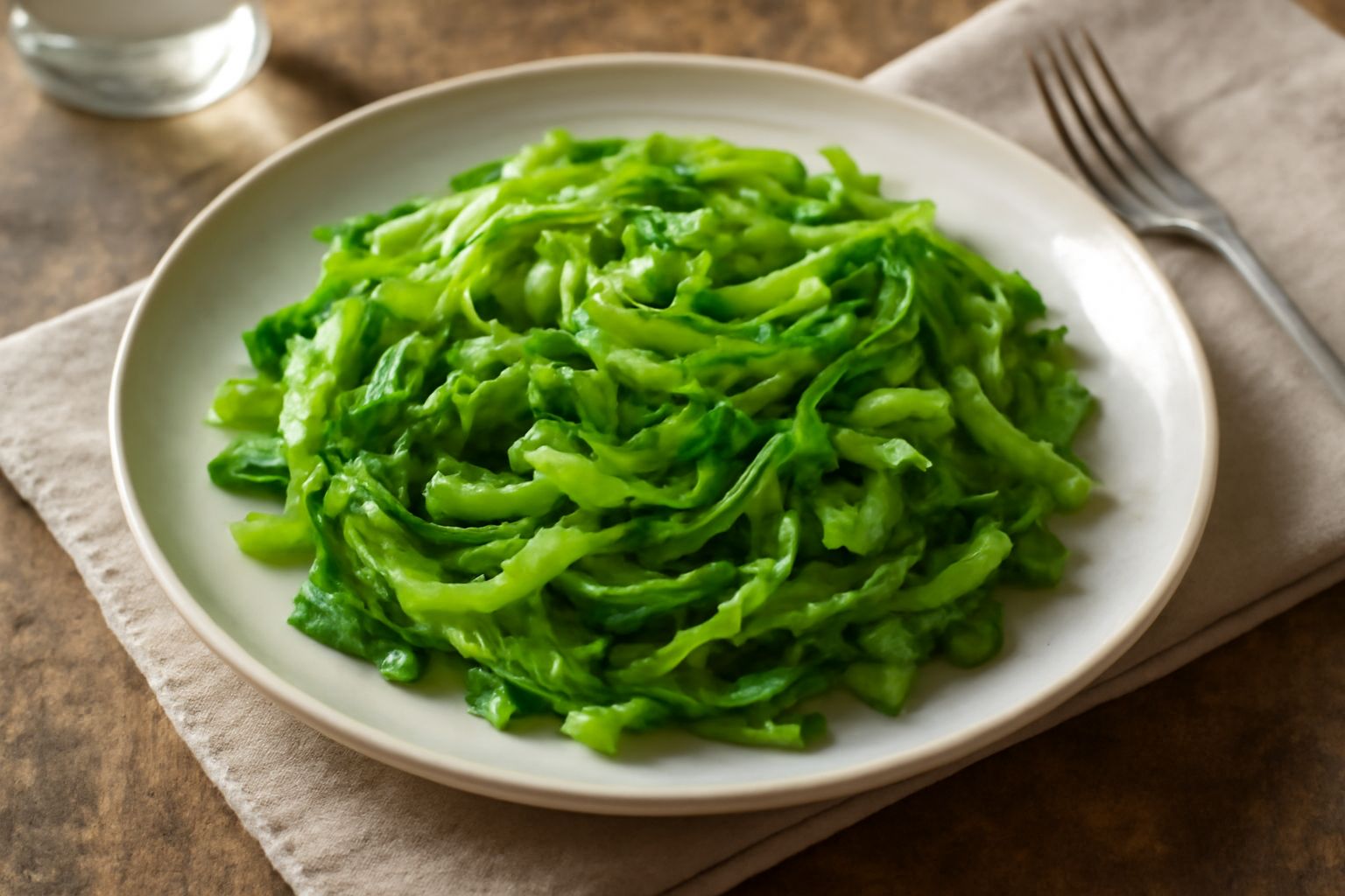 Cavolo cappuccio ripassato in padella, tagliato a striscie sottili color verde brillante con spigoli leggermente caramellati, aglio dorato, presentato in piatto bianco con filo di olio d'oliva