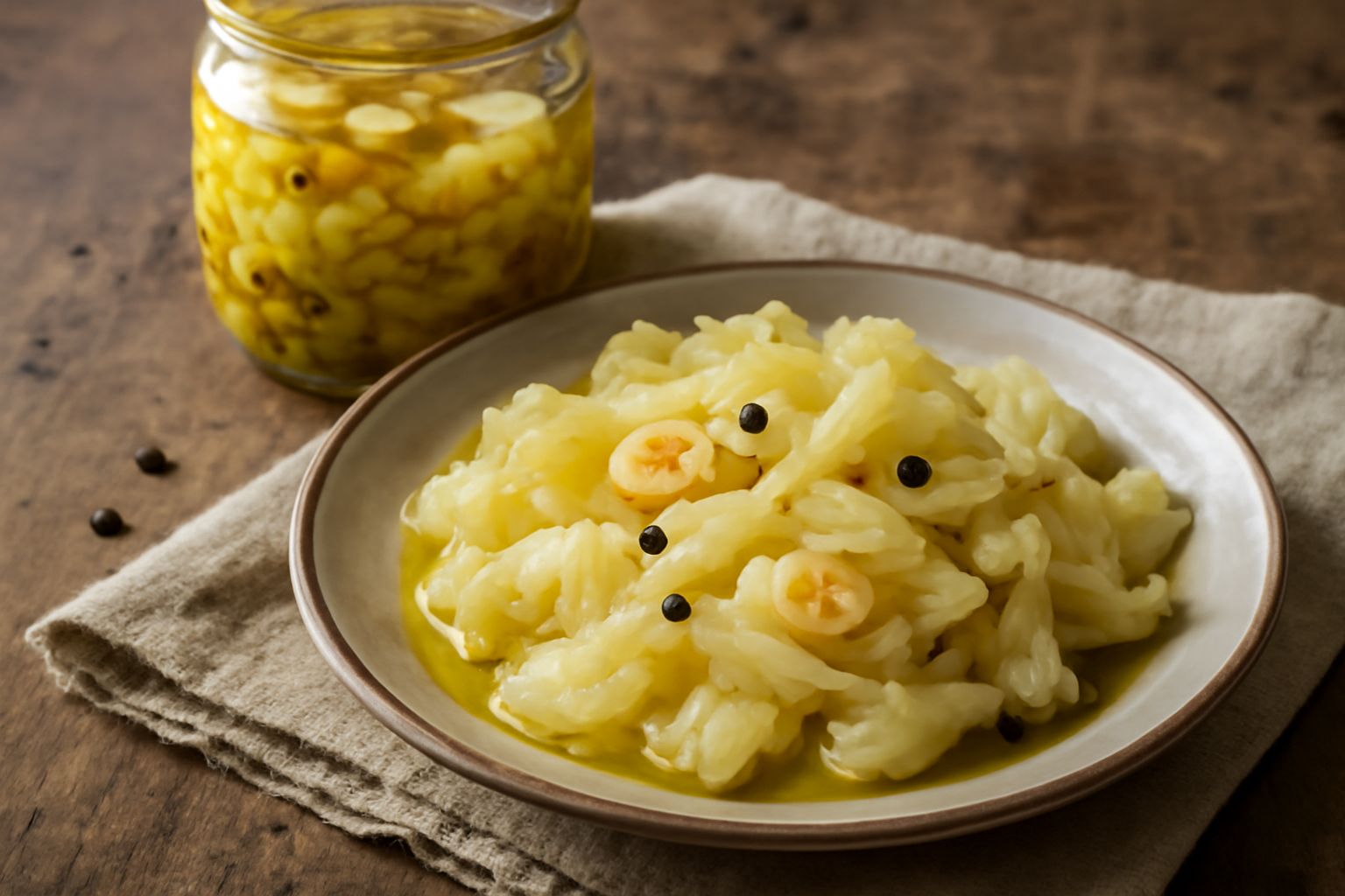 Cavolo cappuccio bianco a fette sottili, giallo oro dal condimento, in barattolo di vetro con olio trasparente e aglio visibile, foglie croccanti ben compatte