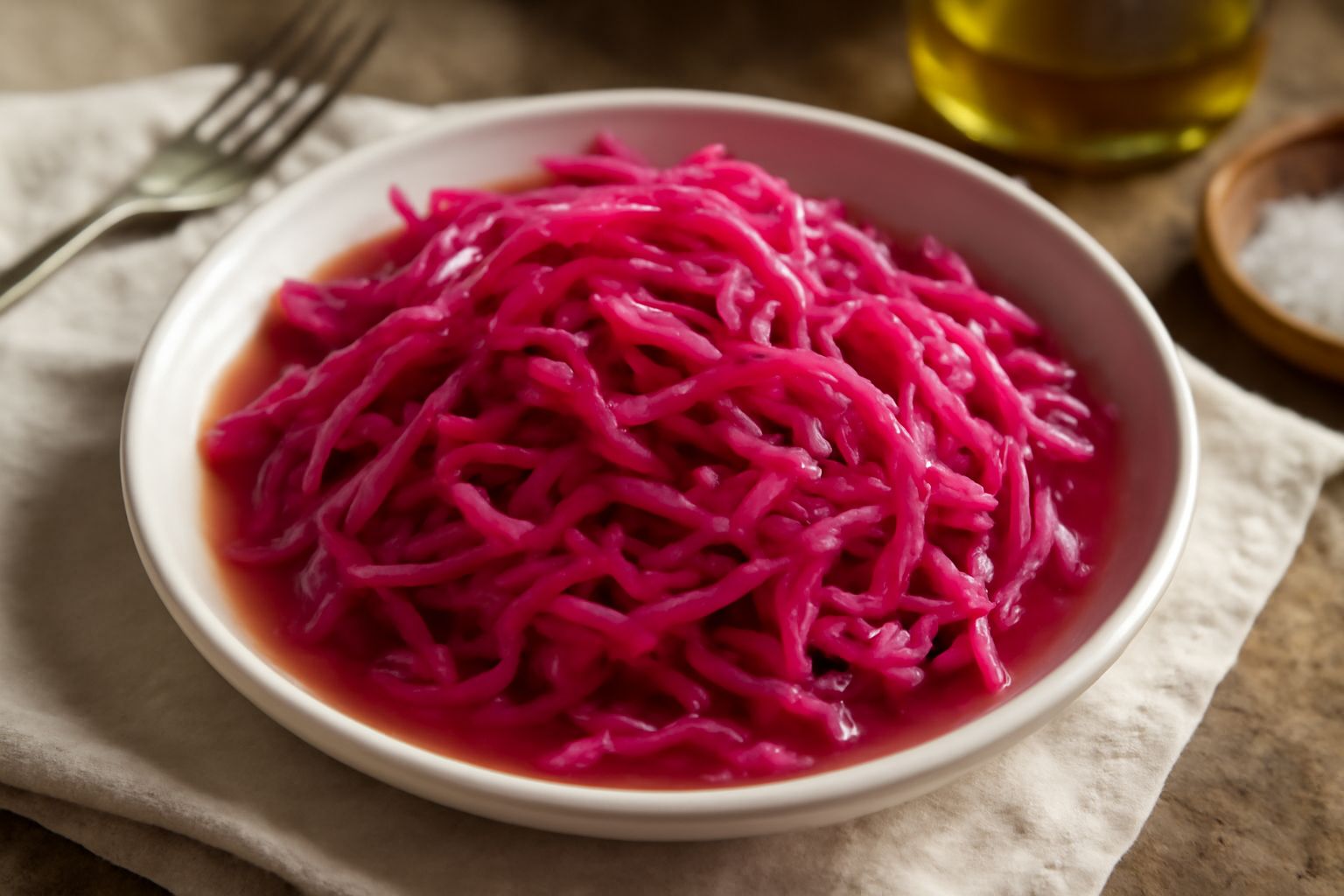 Cavolo cappuccio bianco tagliato a listarelle sottili e marinate in un barattolo di vetro trasparente con liquido trasparente, un piatto piccolo accanto con una porzione di cavolo croccante e luminoso