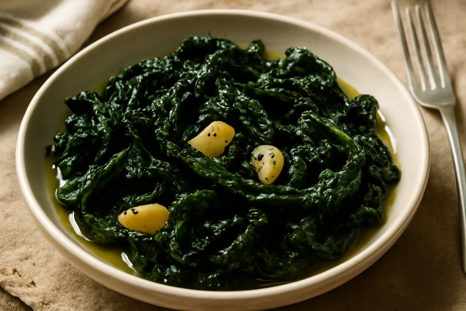 Cavolo nero croccante in padella nera, foglie arricciate e scure con sfumature verdi, condite di olio, aglio dorato e pepe nero, servito in un piatto fondo bianco