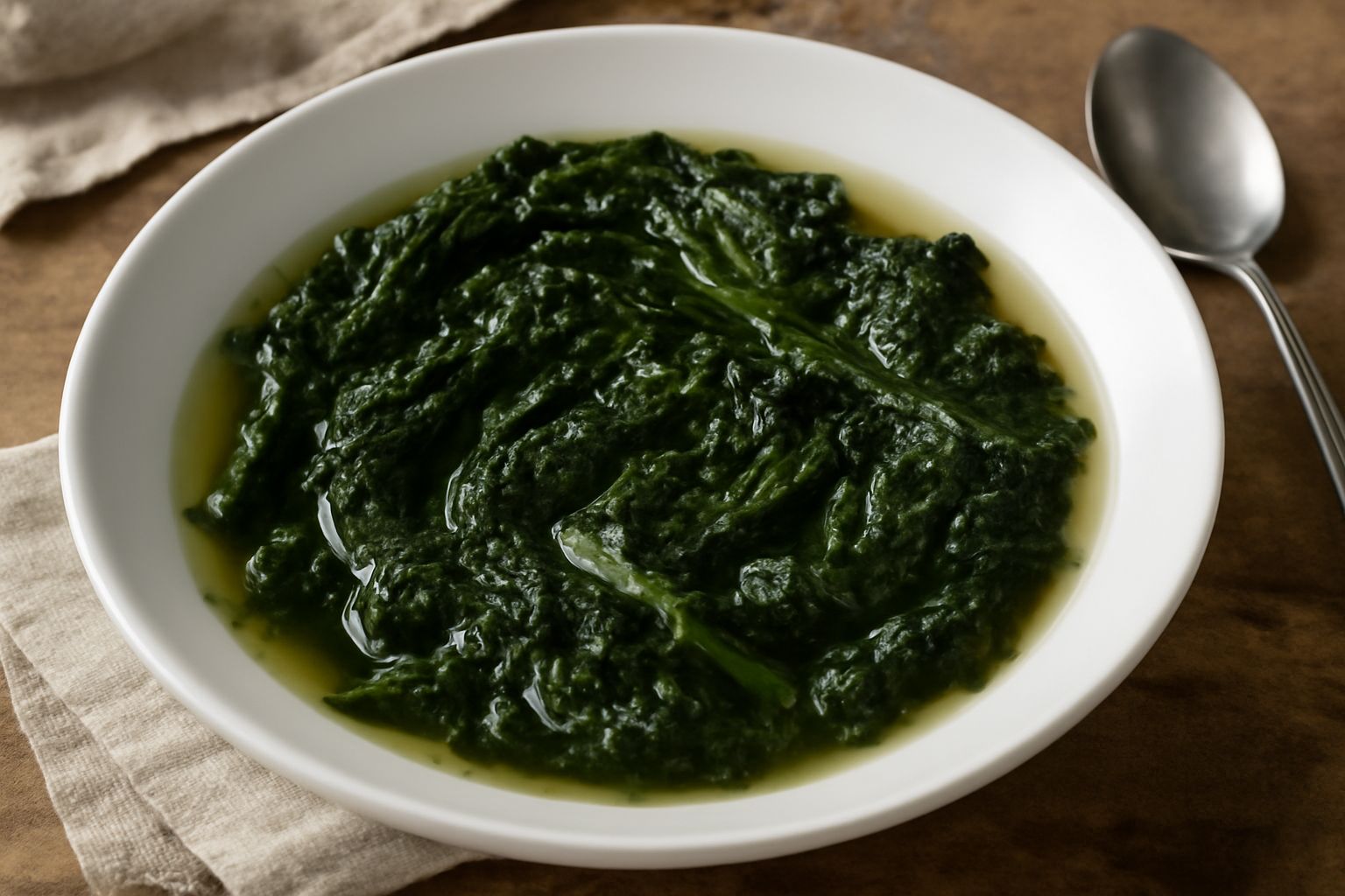 Ciotola di ceramica bianca con cavolo nero tenero immerso in brodo trasparente fumante, foglie verdi scure ben visibili, superficie liscia del brodo, servito con pane tostato a lato