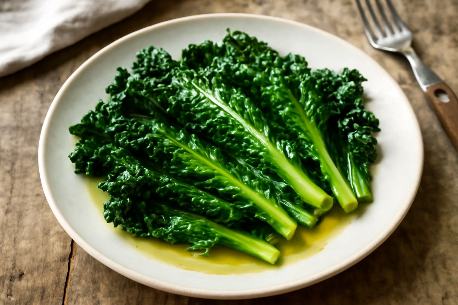 Cavolo nero saltato in padella, foglie verde scuro ondulate e leggermente croccanti, con gocce d'olio lucido, aglio dorato, servito in un piatto bianco