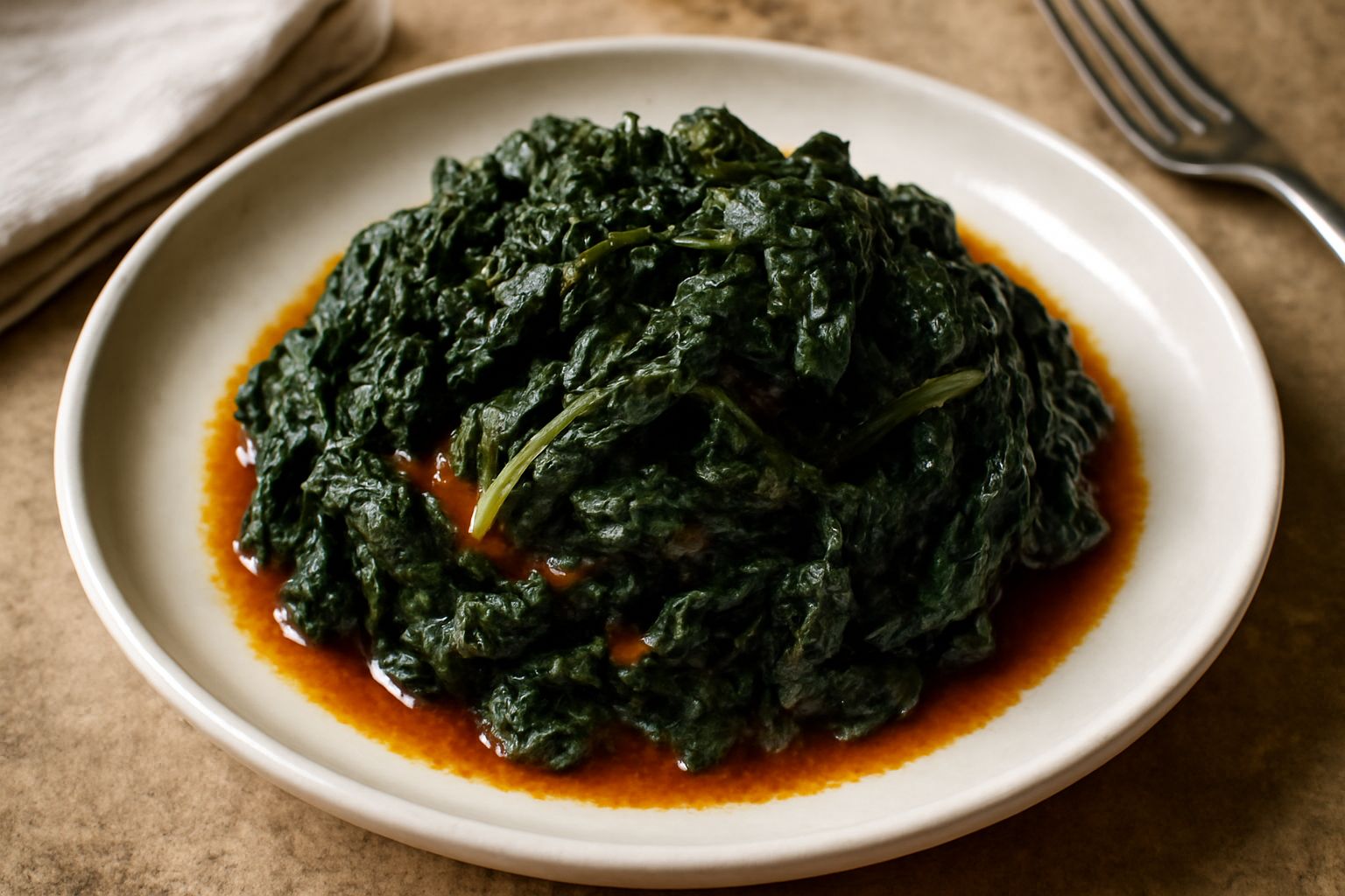 Cavolo nero in umido in una ciotola bianca di ceramica, le foglie scure e morbide brillano di olio, un filo d'olio crudo visibile in superficie, piatto su tavolo di legno naturale
