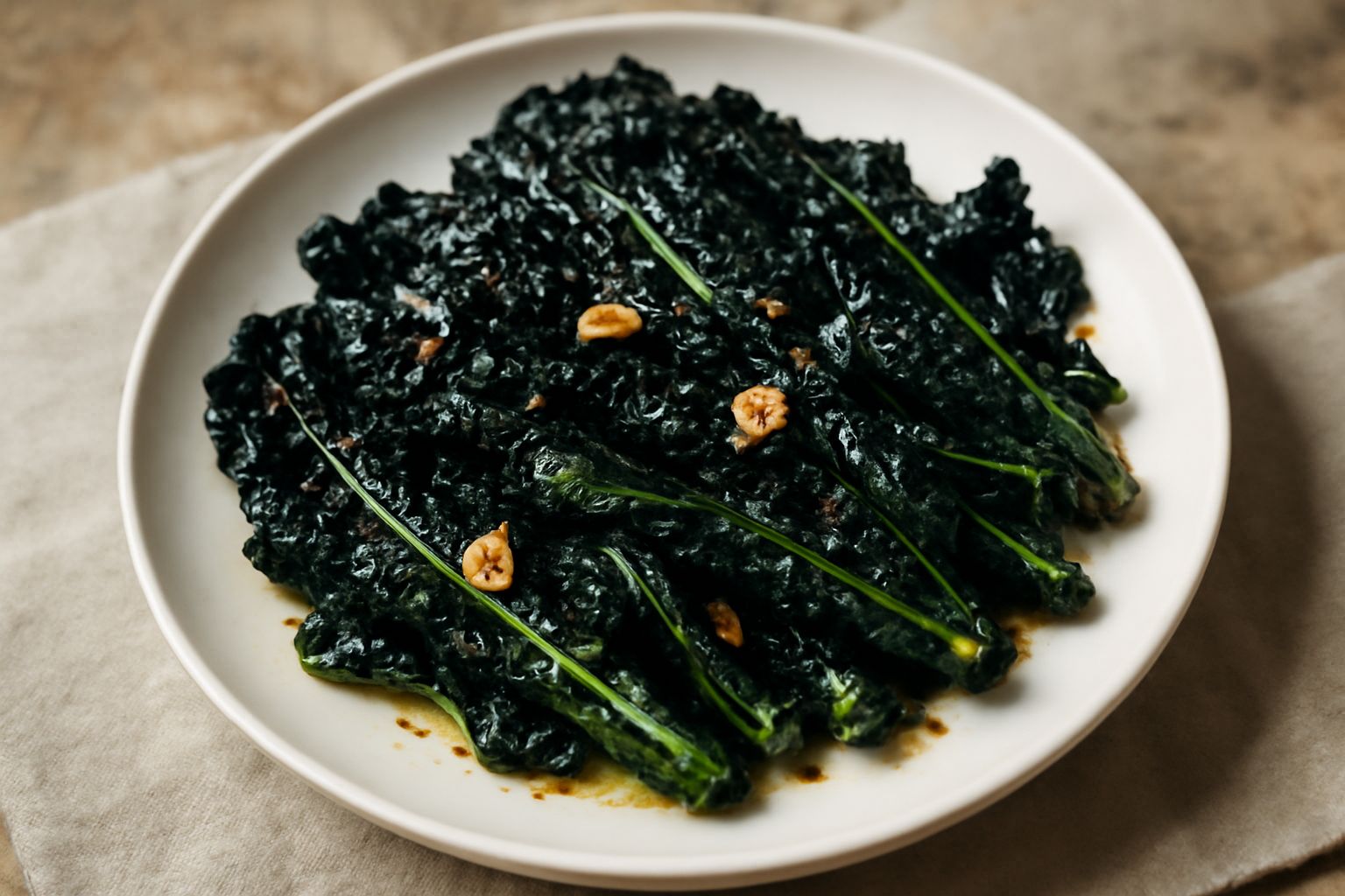 Cavolo nero ripassato in un piatto bianco, foglie scure e lucenti di olio, bordo leggermente croccante, gocce di olio giallo verdognolo in superficie, servito ancora fumante