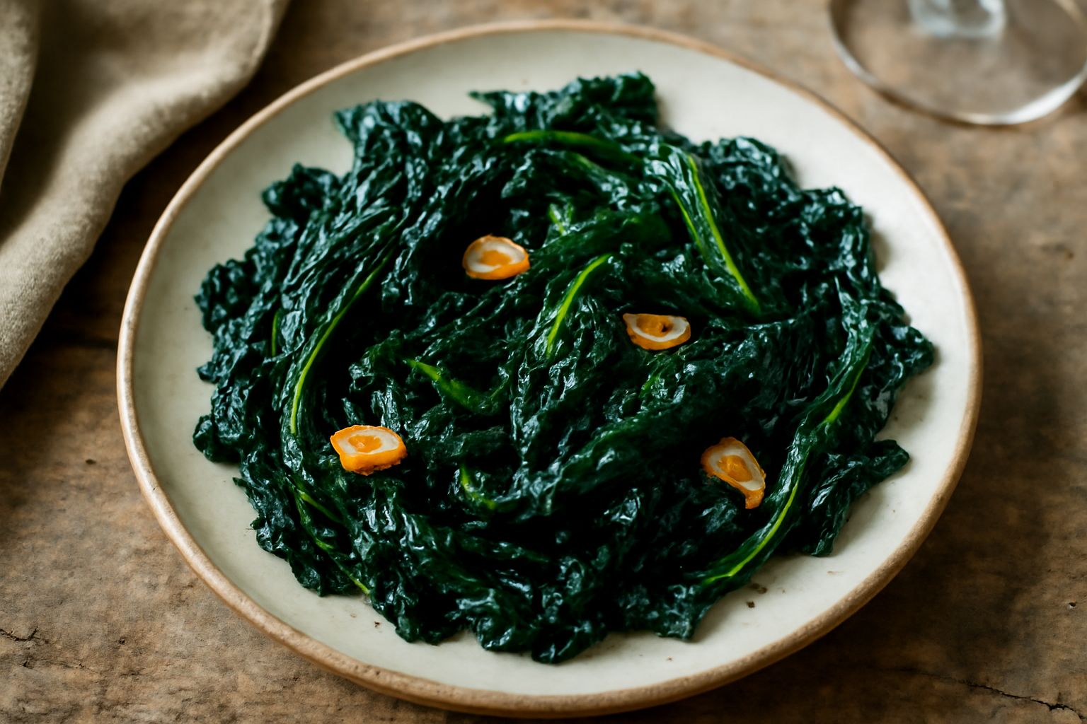 Cavolo nero ripassato in padella servito in un piatto bianco, foglie croccanti e scure, aglio dorato, gocce di olio d'oliva lucido, contorno di limone fresco