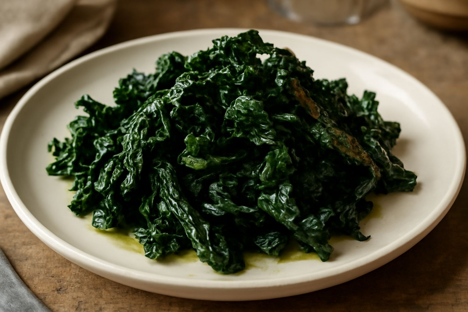 Cavolo nero saltato in padella di ferro, foglie scure e croccanti, lucide di olio extravergine, aglio dorato sui lati, servito in piatto bianco