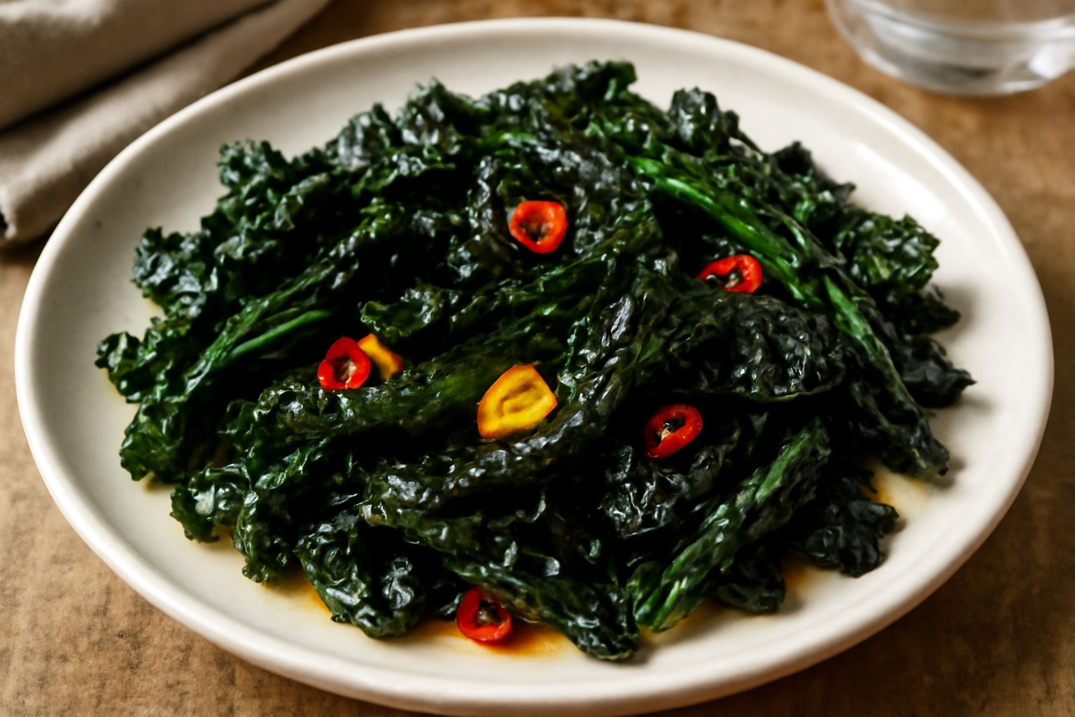 Cavolo nero soffritto servito in un piatto bianco, con foglie scure e croccanti ai bordi, olio luccicante, fettine di aglio dorate e un pizzico di peperoncino rosso in superficie