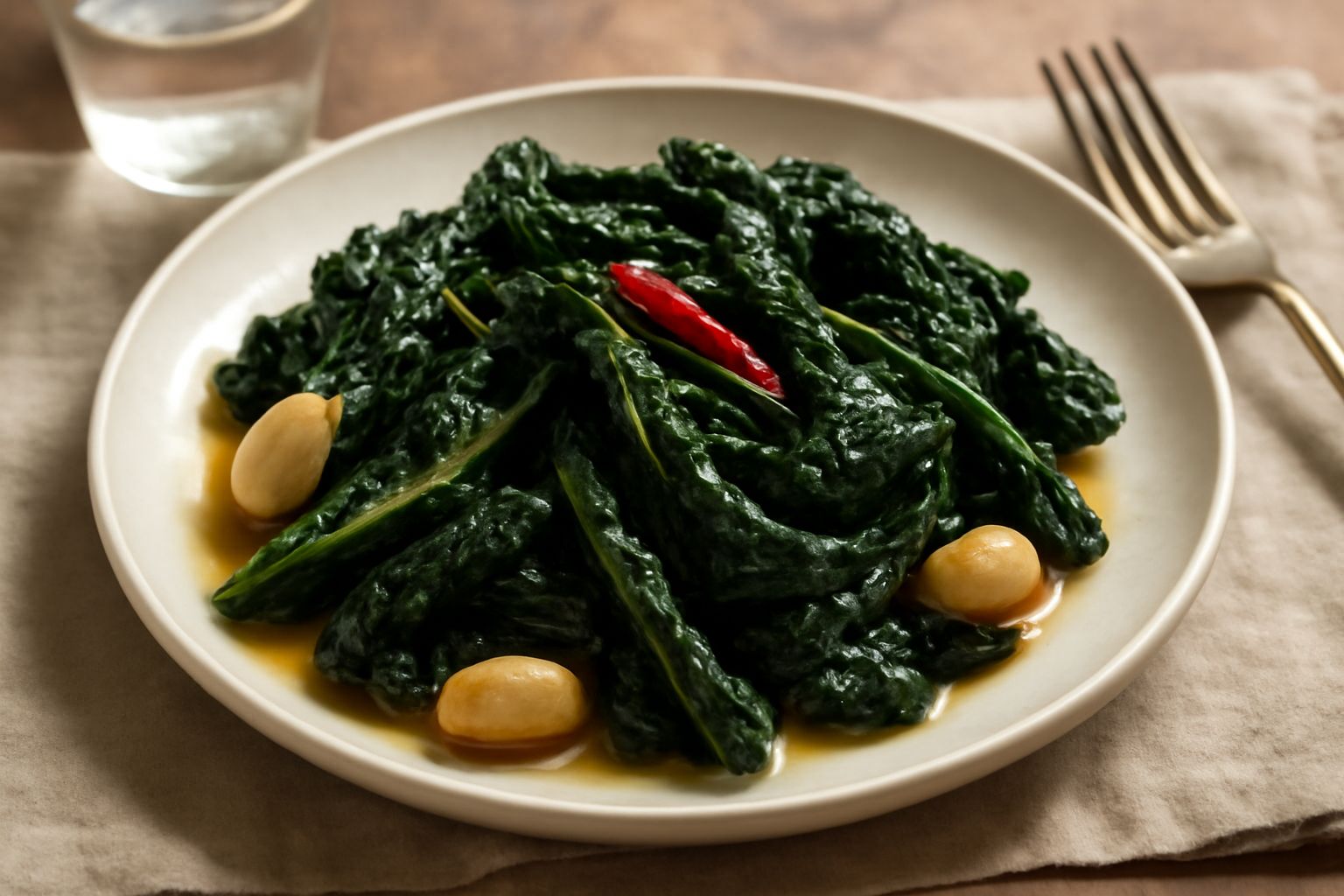 Cavolo nero trifolato in un piatto bianco, foglie scure lucide d'olio, con spicchi d'aglio dorato e peperoncino rosso, contorno di pane tostato