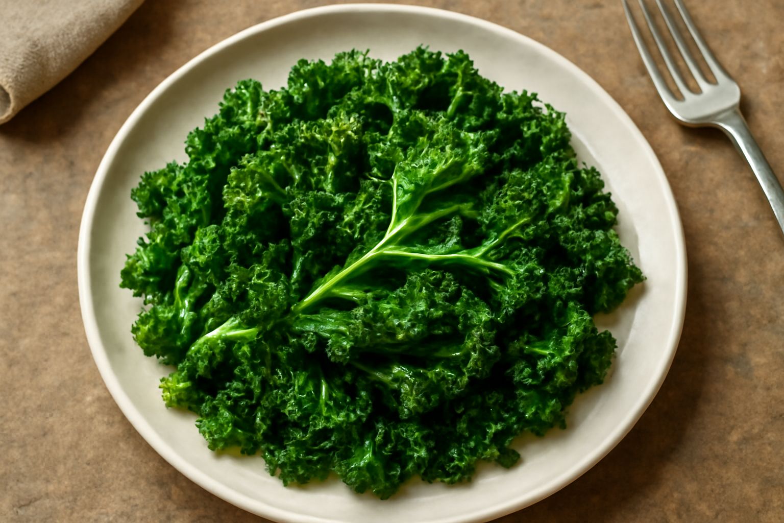 Cavolo riccio bollito in una ciotola bianca, foglie verde scuro ammorbidite dal calore, leggermente umido, condito con un filo d'olio extravergine e una spruzzata di pepe nero