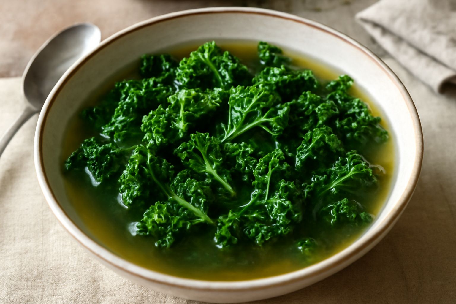 Una ciotola di ceramica bianca con brodo trasparente e foglie di cavolo riccio verde scuro dal bordo ondulato, garnito con un filo d'olio extravergine e pepe nero macinato