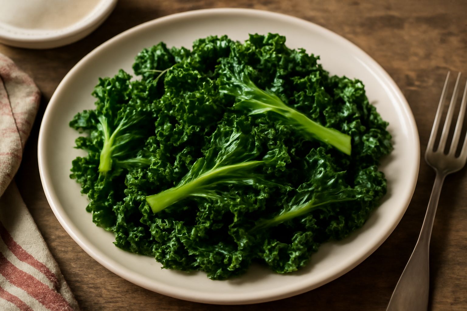 Cavolo riccio lessato in un piatto bianco, foglie verde scuro morbide e lucide, condite con un filo d'olio, contorno con limone fresco a spicchi