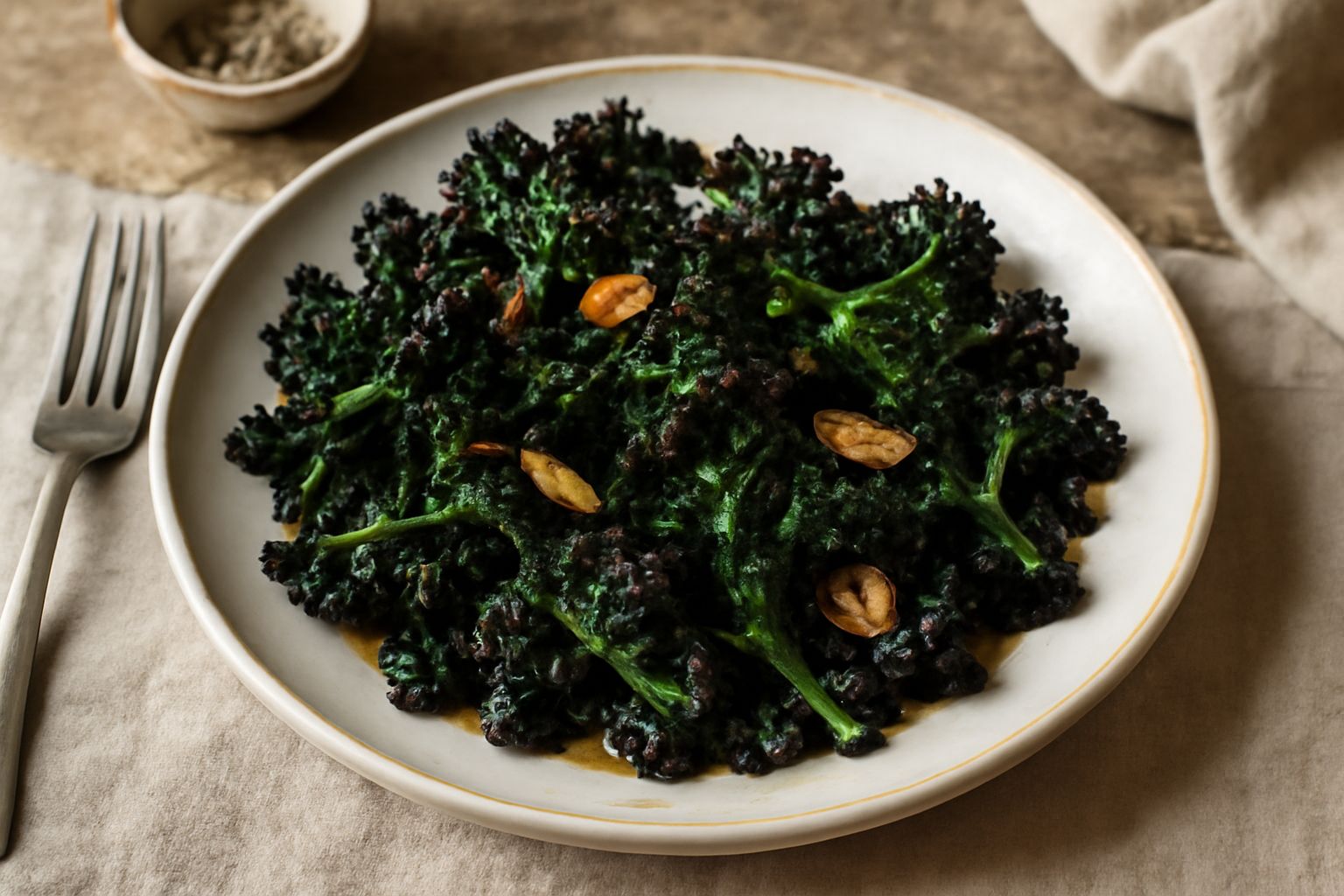 Cavolo riccio ripassato in una padella di acciaio, foglie scure e croccanti, bordi leggermente caramellati, aglio dorato sparso, gocce d'olio lucente sulla superficie