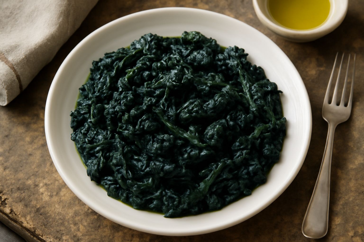 Cavolo riccio stufato in un piatto bianco fondo, foglie scure e tenere, cipolle dorate, lucido di olio, contorno di verdure cotte, vapore leggero visibile
