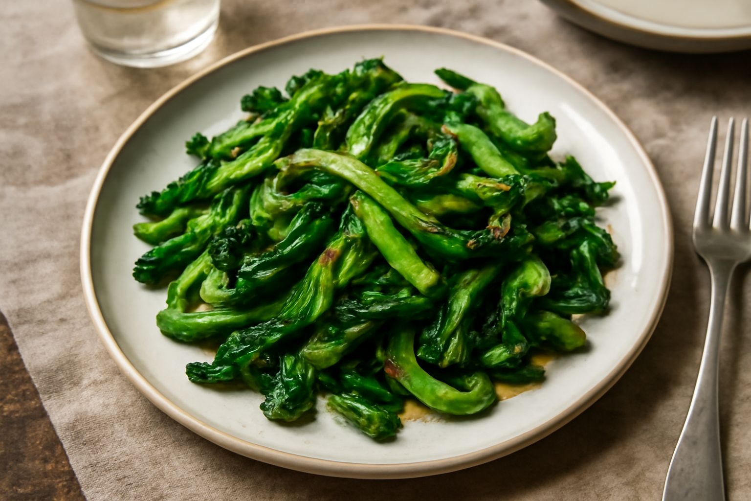 Cavolo verde ripassato in padella, croccante e dorato, con aglio e olio, servito in un piatto bianco con bordo grigiastro