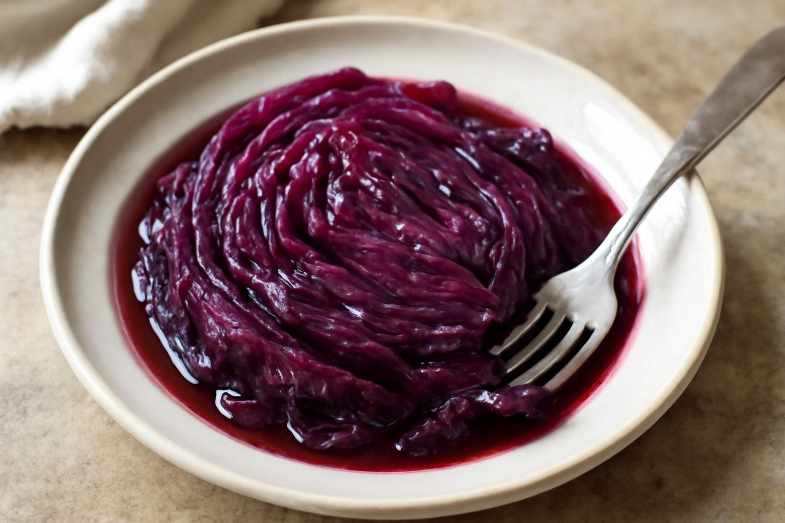 Cavolo rosso brasato in una pentola di ceramica bianca, tagliato a fette spesse, di colore rosso scuro lucido, con cipolla e mele caramellate, vapore visibile, contorno di erbe aromatiche fresche