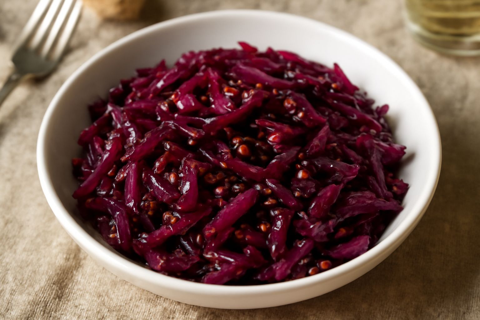 Cavolo rosso in agrodolce in una ciotola bianca: fette sottili di cavolo rosso brillante con riflessi viola scuro, lucide di condimento dolceacido, leggermente appassite ma ancora croccanti, cosparse 