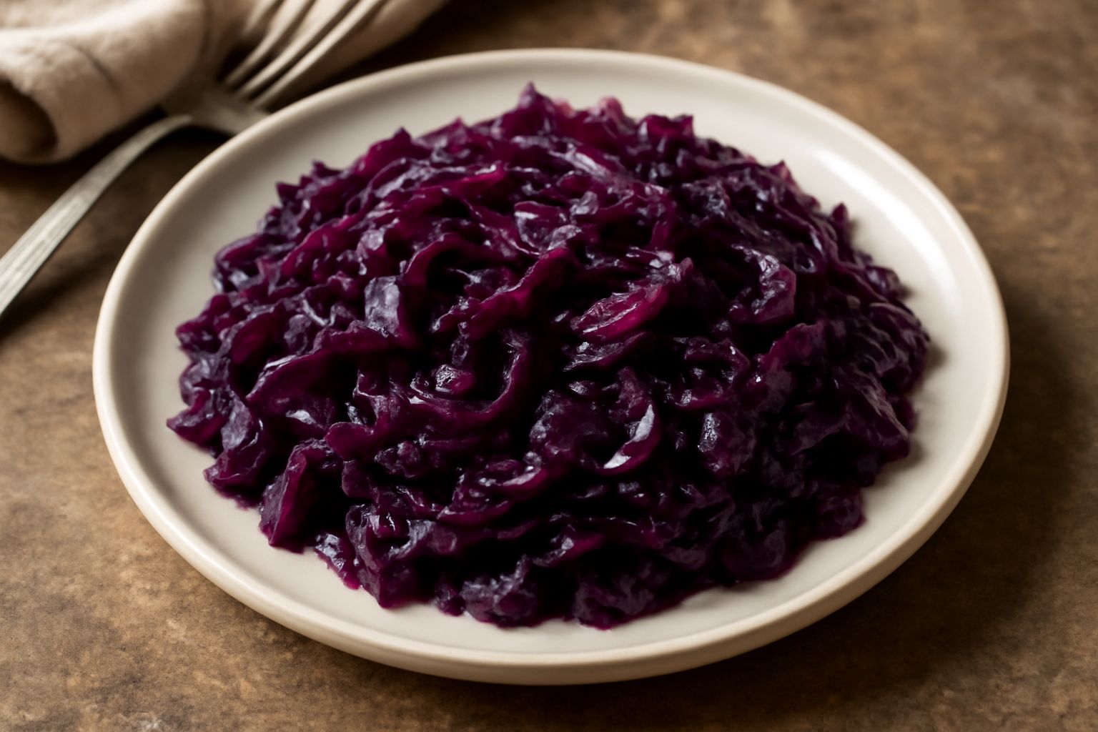 Cavolo rosso in umido in piatto bianco: strisce violet-scure e lucide, cipolla traslucida, vapore leggero. Contorno accompagnato da fettine sottili ben cotte ma ancora al dente.