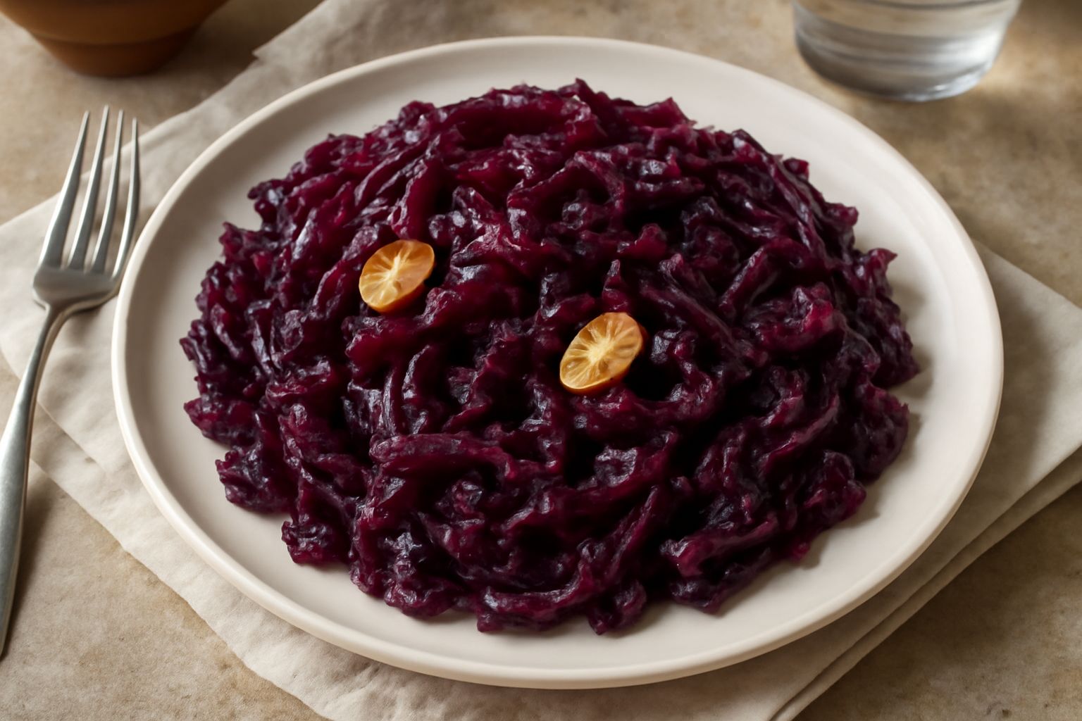 Cavolo rosso ripassato in padella, fette sottili di colore rosso scuro che virano al bordeaux, lucide d'olio, con aglio dorato sparse in superficie, servito in un piatto bianco fondo