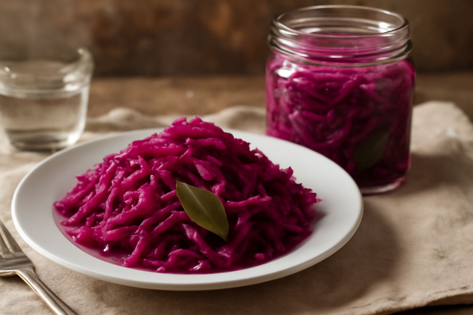 Barattolo di vetro con cavolo rosso sott'aceto, fette sottili viola brillante in salamoia trasparente, con spezie visibili e erbe aromatiche sul fondo