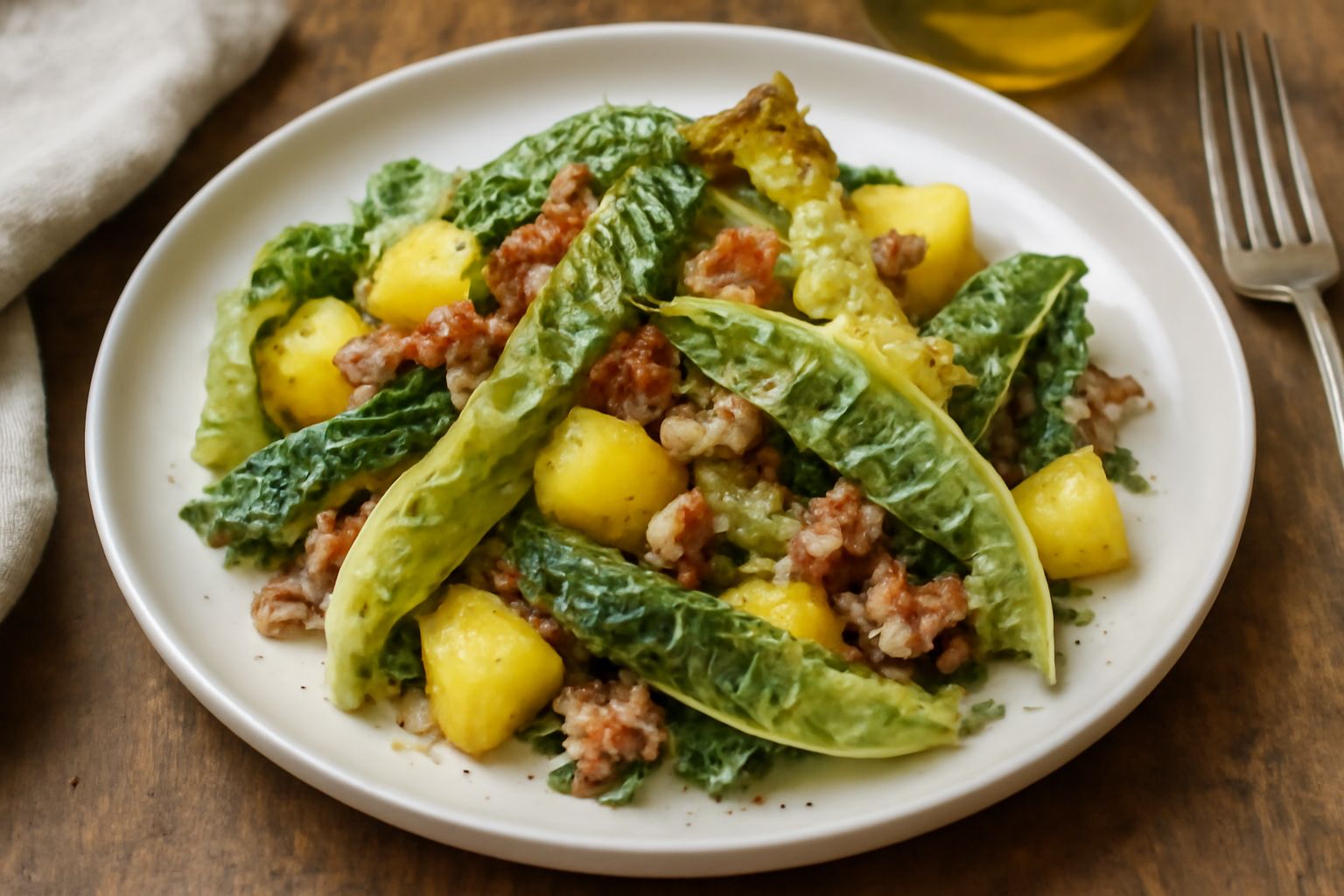 Cavolo verza cotto al forno in teglia di ceramica bianca, foglie tenere color verde salvia, patate gialle tagliate a cubetti, salsiccia dorata, condito con olio e pepe nero visibile in superficie