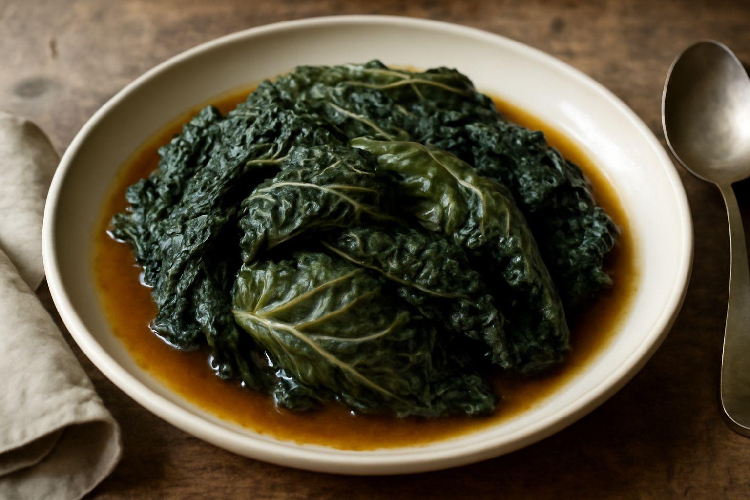 Cavolo verza brasato in un piatto bianco, tagliato a foglie morbide di color verde scuro opaco, bagnate di brodo, con piccoli pezzi di pancetta dorata sparse in superficie