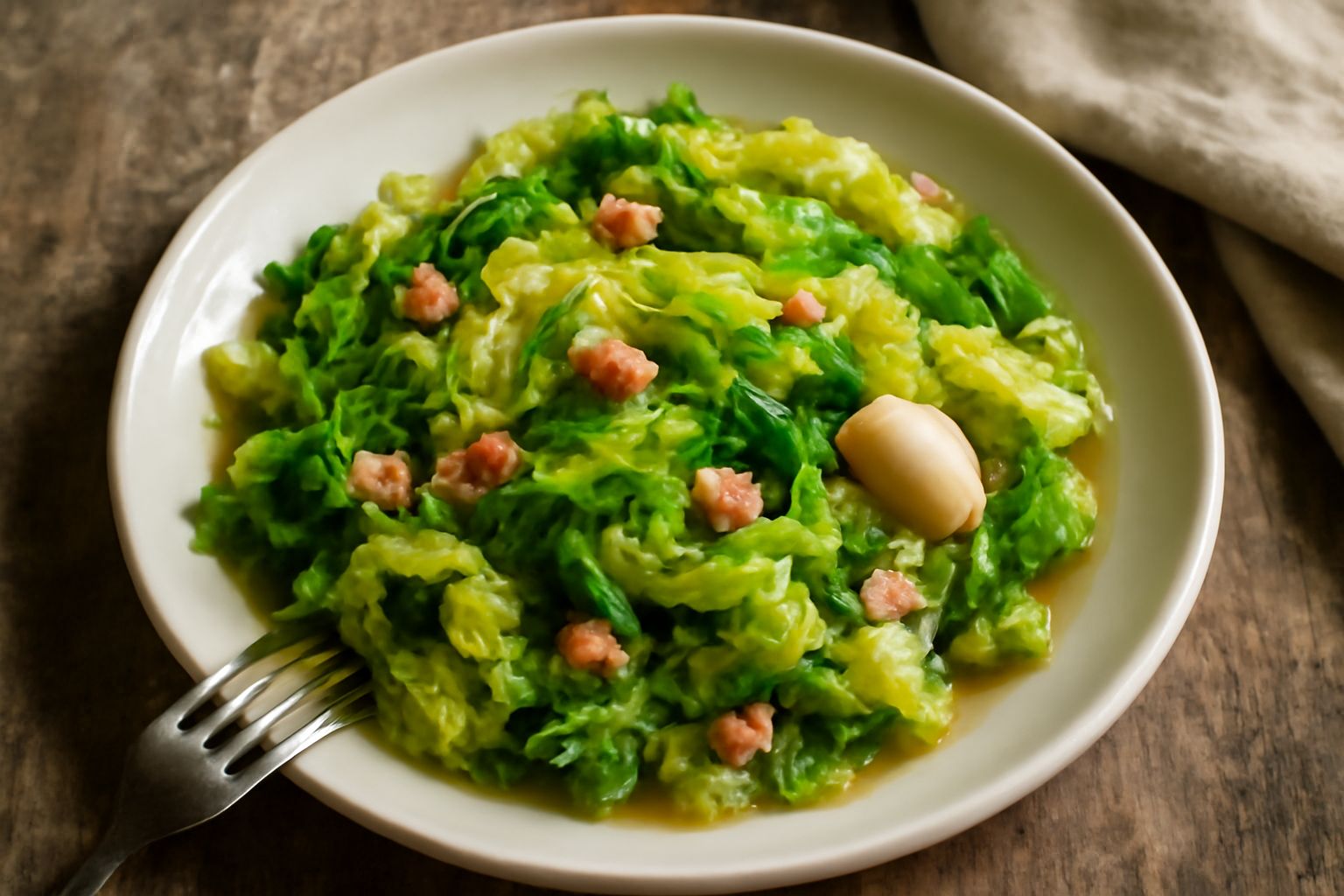 Cavolo verza cotto in umido servito in un piatto bianco fondo, con i foglietti verdi e teneri, striature di pancetta rosolata, aglio intero leggermente imbiondito in olio, piccola tazza di brodo sullo