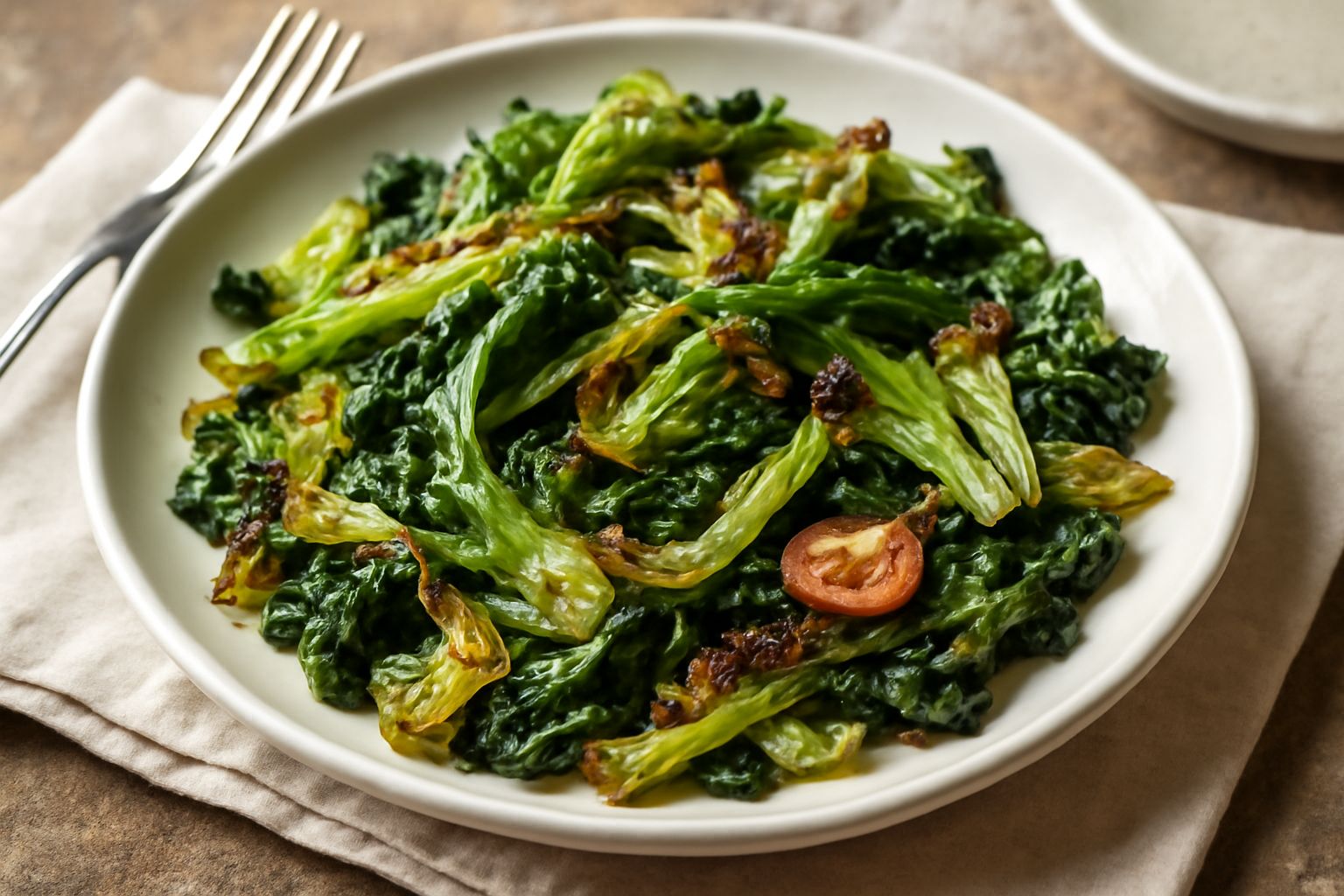 Cavolo verza ripassato in padella di ferro, strisce verde intenso con riflessi dorati, aglio brunito, olio lucido visibile, vapore leggero, servito in piatto bianco