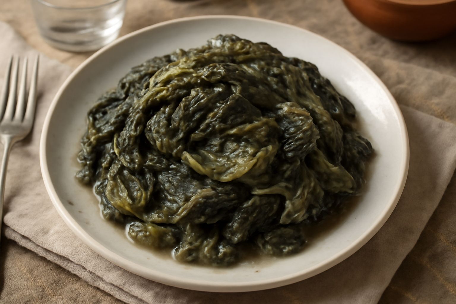 Cavolo verza stufato in una terrina bianca, foglie verdi scure e morbide, cipolla caramellata, vapore ancora visibile, su tavolo di legno con bicchiere d'acqua accanto