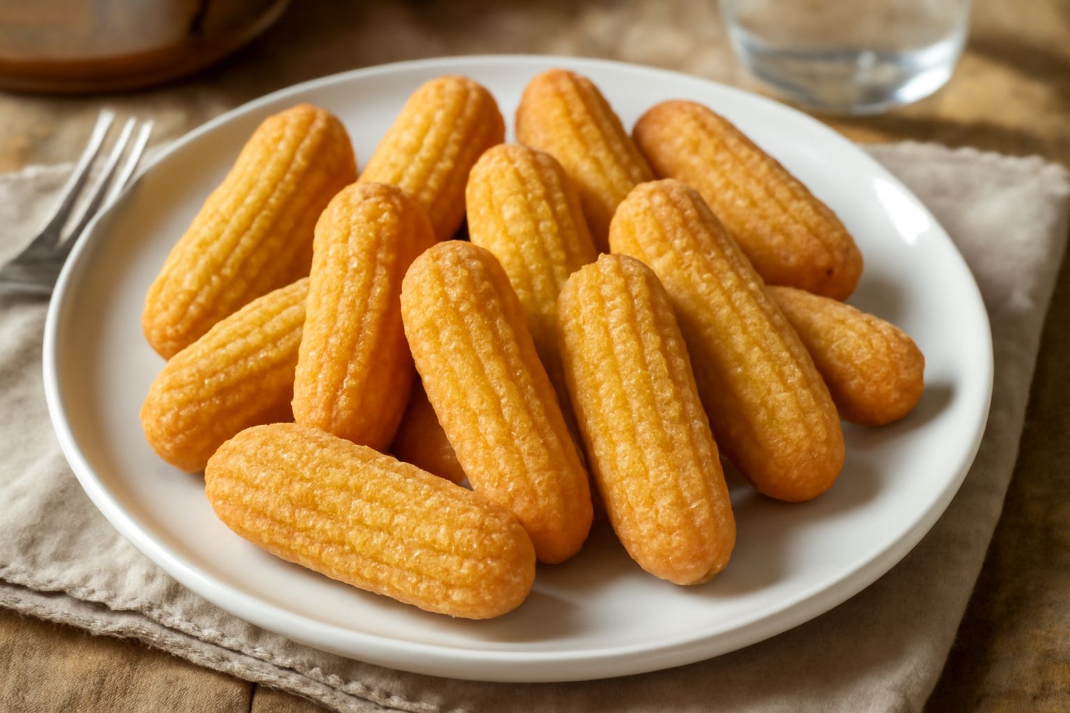 Cecatielli dorati e croccanti disposti su un piatto bianco, impilati leggermente, con una texture granulosa visibile sulla superficie e una forma ovale leggermente allungata
