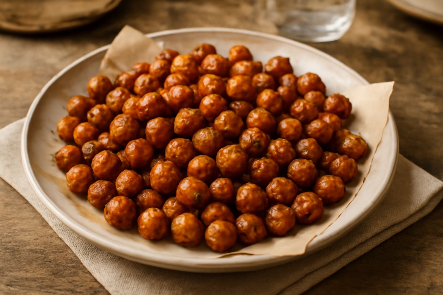 Ceci tostati color nocciola e dorato in una ciotola bianca, guarniti con cannella in polvere e filo di miele ancora caldo, su tavolo di legno naturale