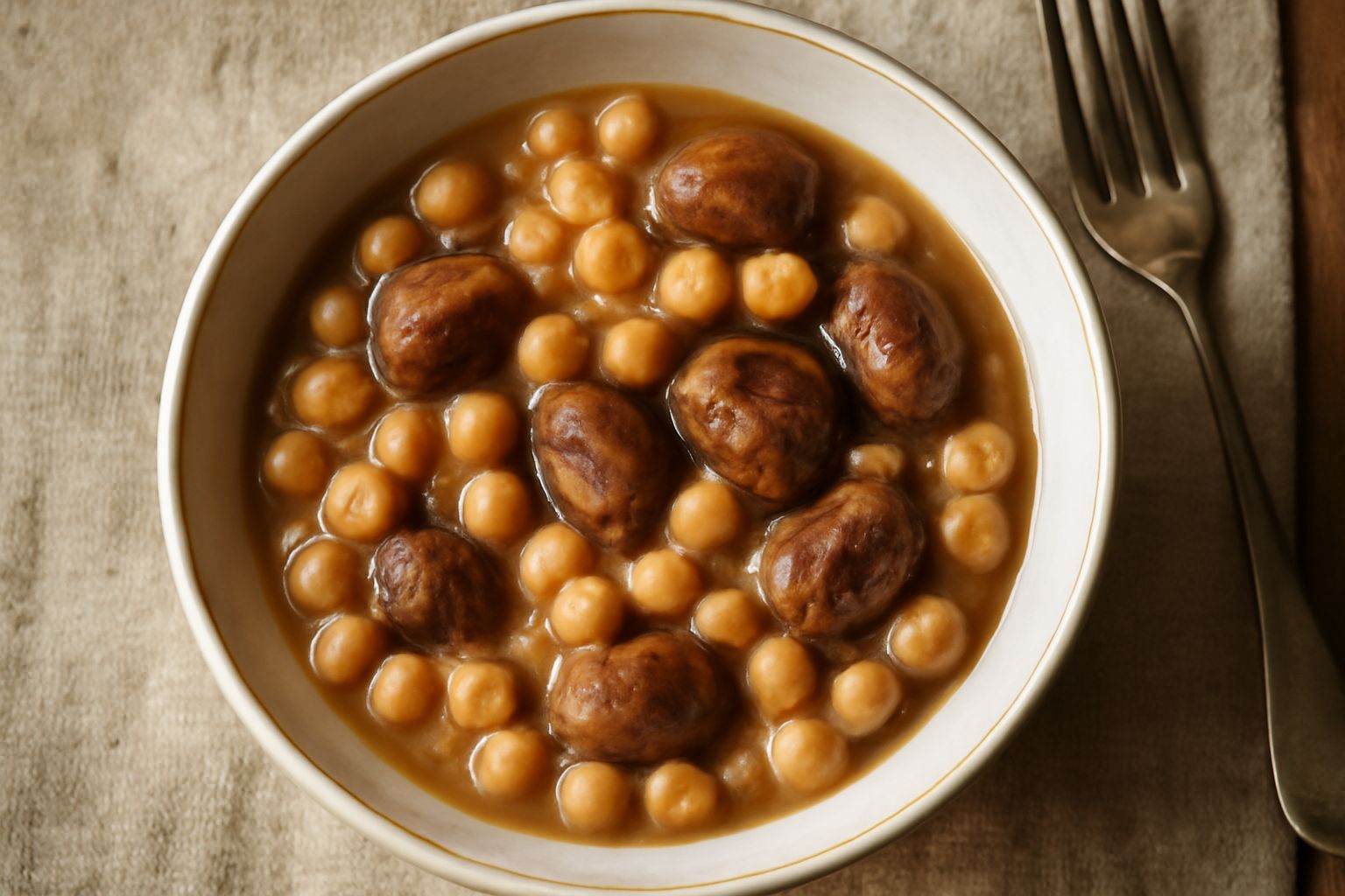 Ciotola di ceci dorati e castagne scure in brodo leggero, guarnita con rosmarino fresco, vapore che sale dal piatto, su un tavolo di legno con luce naturale
