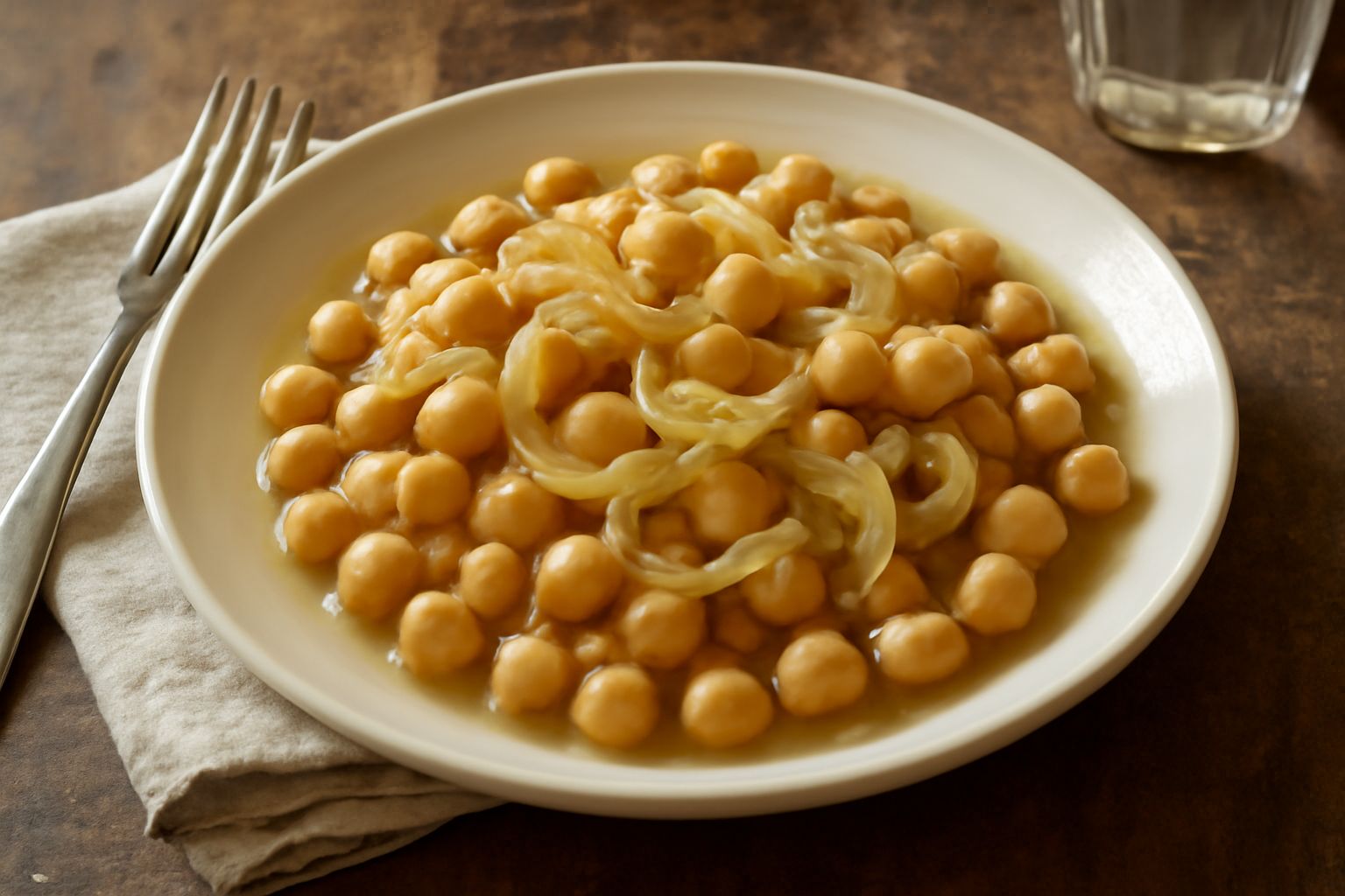 Ceci beige in salsa densa con cipolle morbide e dorate, in una ciotola di ceramica bianca, un filo d'olio verde in superficie