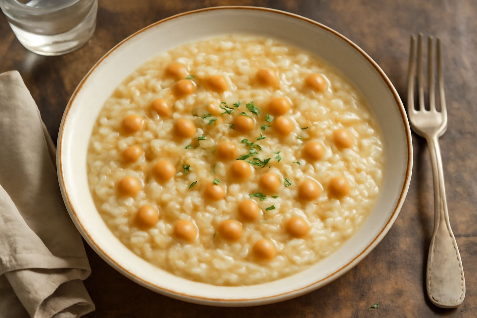 Piatto fondo bianco con ceci e riso giallo dorato misti in brodo leggero, con gocce di olio d'oliva in superficie e prezzemolo fresco tritato, contorno di pane tostato
