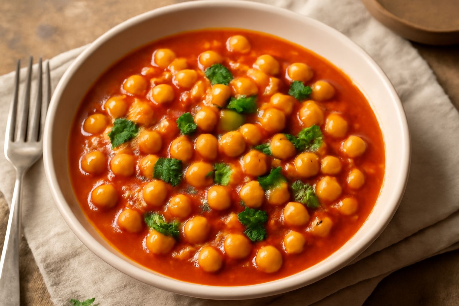 Ceci beige dorati immersi in sugo di pomodoro rosso scuro con cipolla trasparente, prezzemolo verde e una spolverata di pepe nero, serviti in una ciotola bianca con cucchiaio di legno