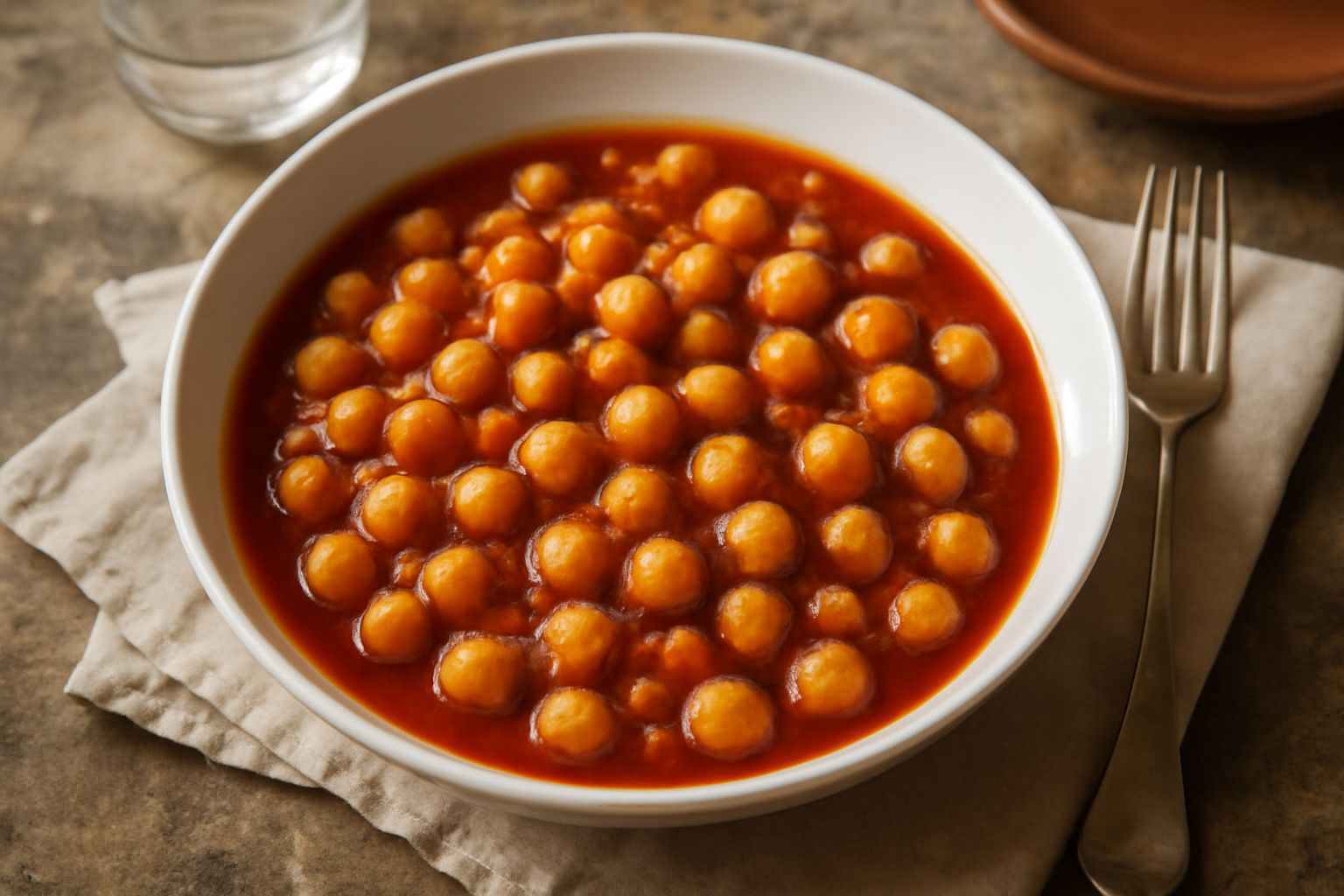 Ciotola bianca con ceci interi in salsa rossa di pomodoro, cipolla bianca visibile, prezzemolo verde fresco sopra, serviti a temperatura ambiente su tavolo di legno chiaro