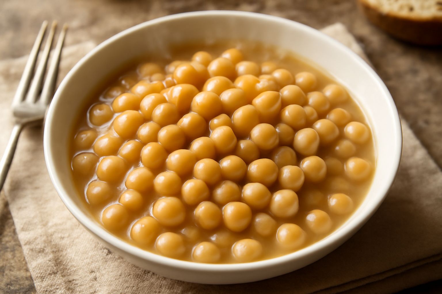 Ceci interi lisci e beige in una ciotola di ceramica bianca, con acqua di cottura leggermente torbida, su un tavolo di legno chiaro con un cucchiaio di legno accanto