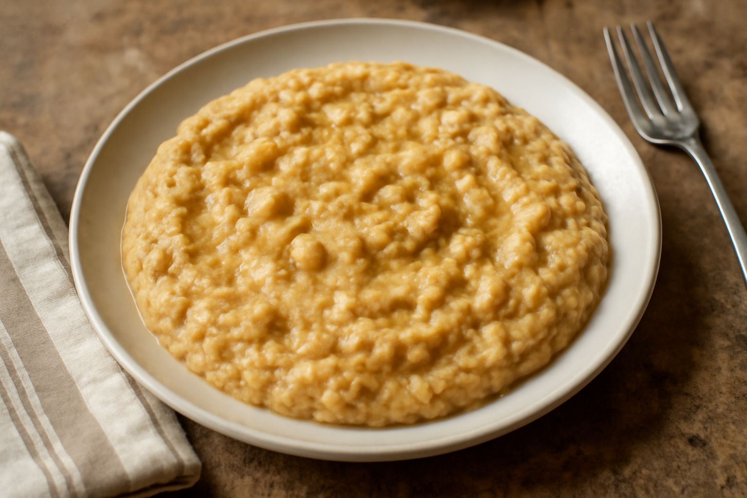 Piatto di ceci ripassati color beige-marrone, cremosi e densi, con superficie leggermente dorata, cosparsi di olio verde e pepe nero, con due fette di pane tostato al bordo