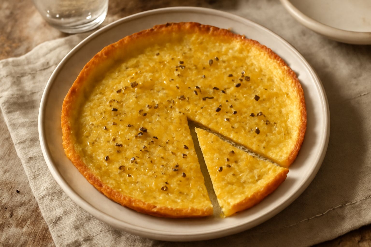 Una fetta di cecina dorata e croccante su un piatto bianco, cosparsa di pepe nero, con un filo d'olio extravergine; il bordo è croccante color oro, l'interno visibilmente cremoso e giallognolo