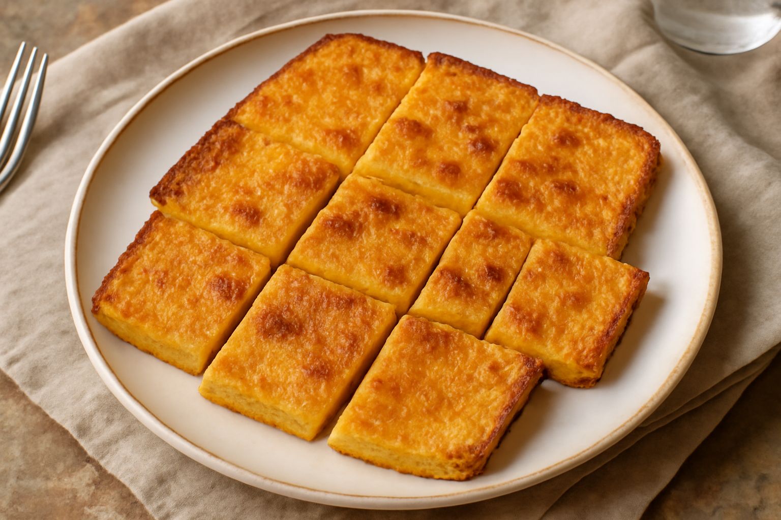 Cecina romana dorata e croccante tagliata a rettangoli in un piatto di carta bianca, con pepe nero spolverato in superficie, contorno sfocato di strada romana