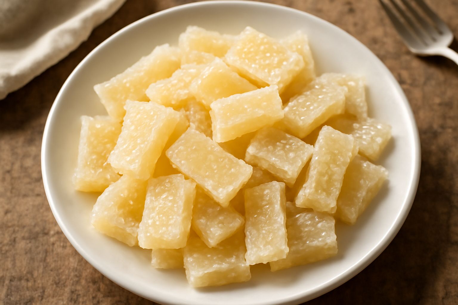 Pezzi di cedrata candita dalle sfumature giallo chiaro e bianche, lucidi di glassa, disposti su una superficie di marmo bianco con cristalli di zucchero sparsi intorno