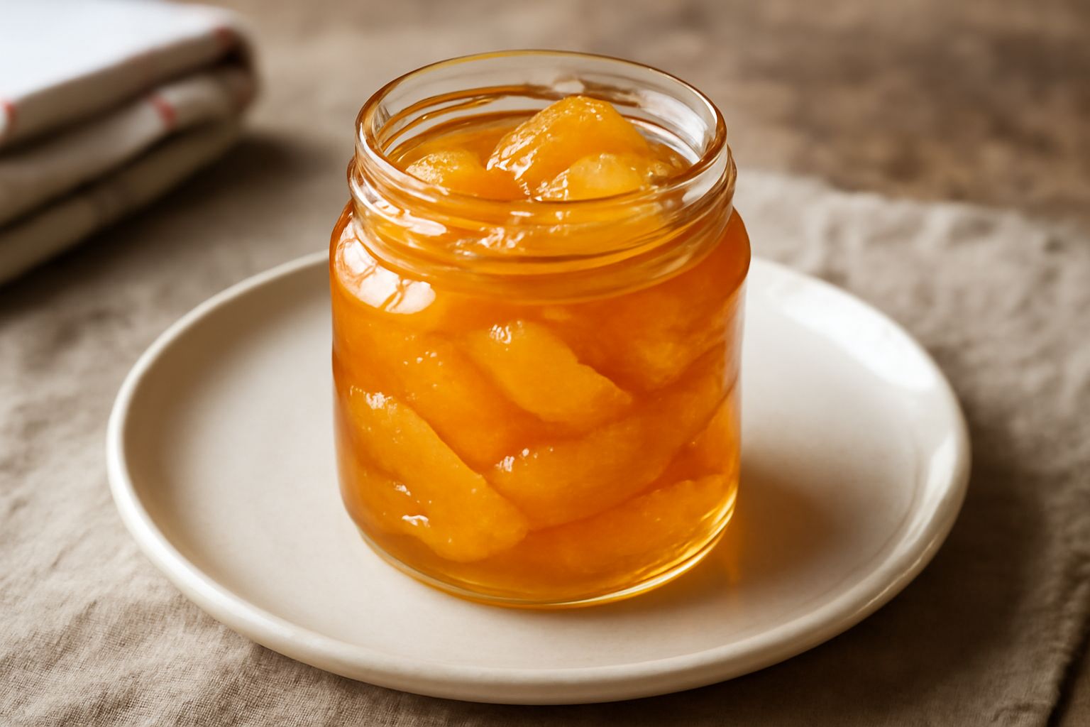 Barattolo di vetro con cedrata conservata di colore giallo-ambra, fette di cedro candito visibili attraverso il vetro, su sfondo di legno scuro con un cucchiaio di legno accanto