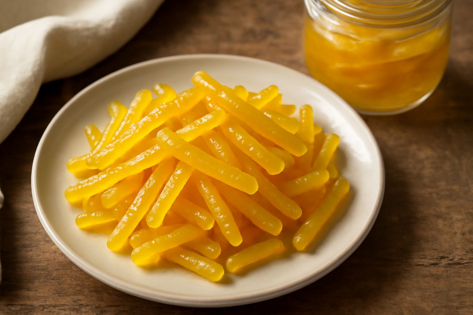 Scorzette di cedro candito dorate e lucide, tagliate a bastoncini su un piatto bianco con zucchero semolato sparso intorno, sfondo di cedri freschi interi gialli