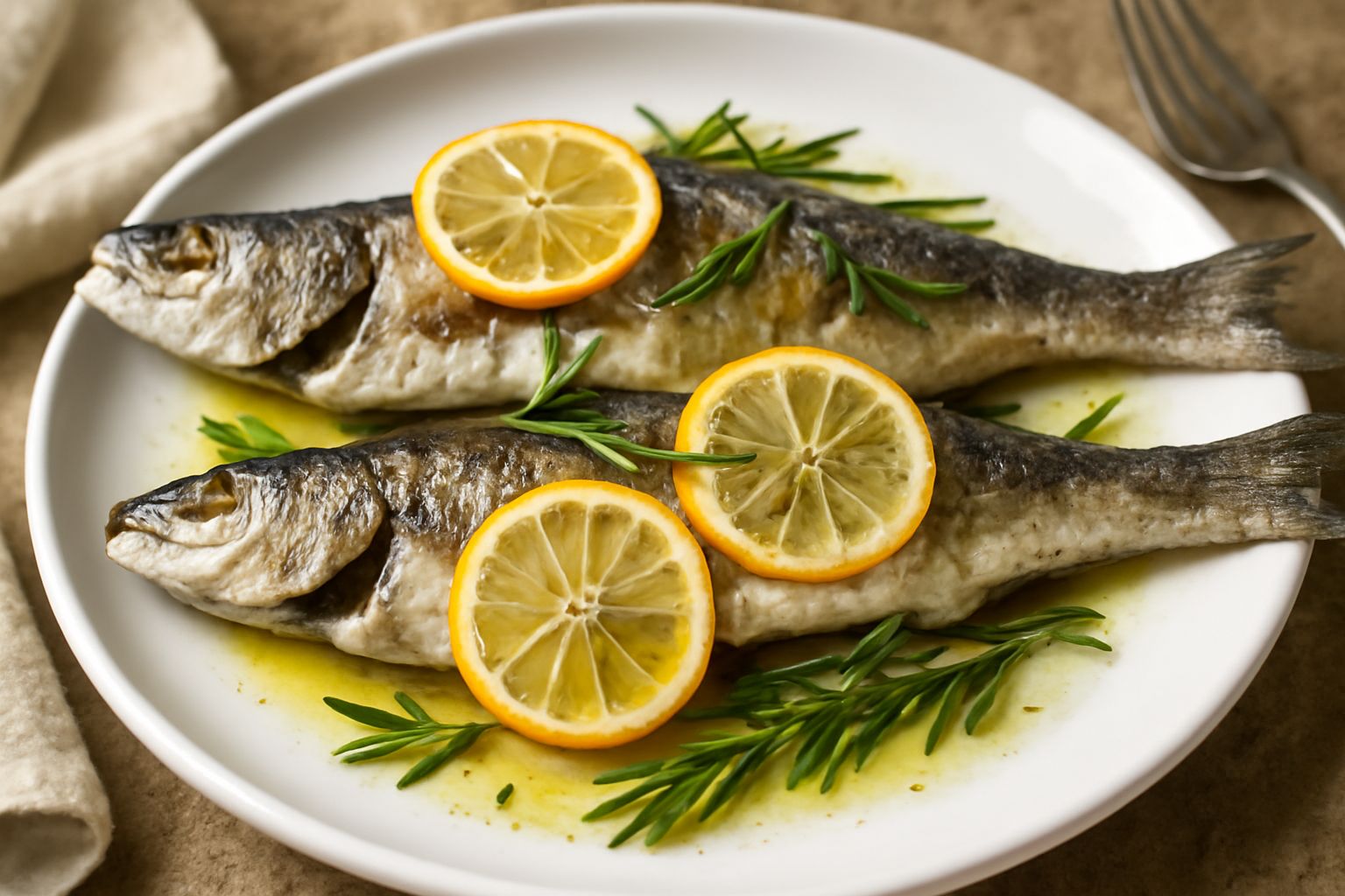 Cefali interi al forno dorati e cotti, disposti in pirofila di ceramica, contornati da fette di limone, rosmarino fresco e pezzetti di pomodoro; fondo bianco scuro della pelle croccante visibile, polp