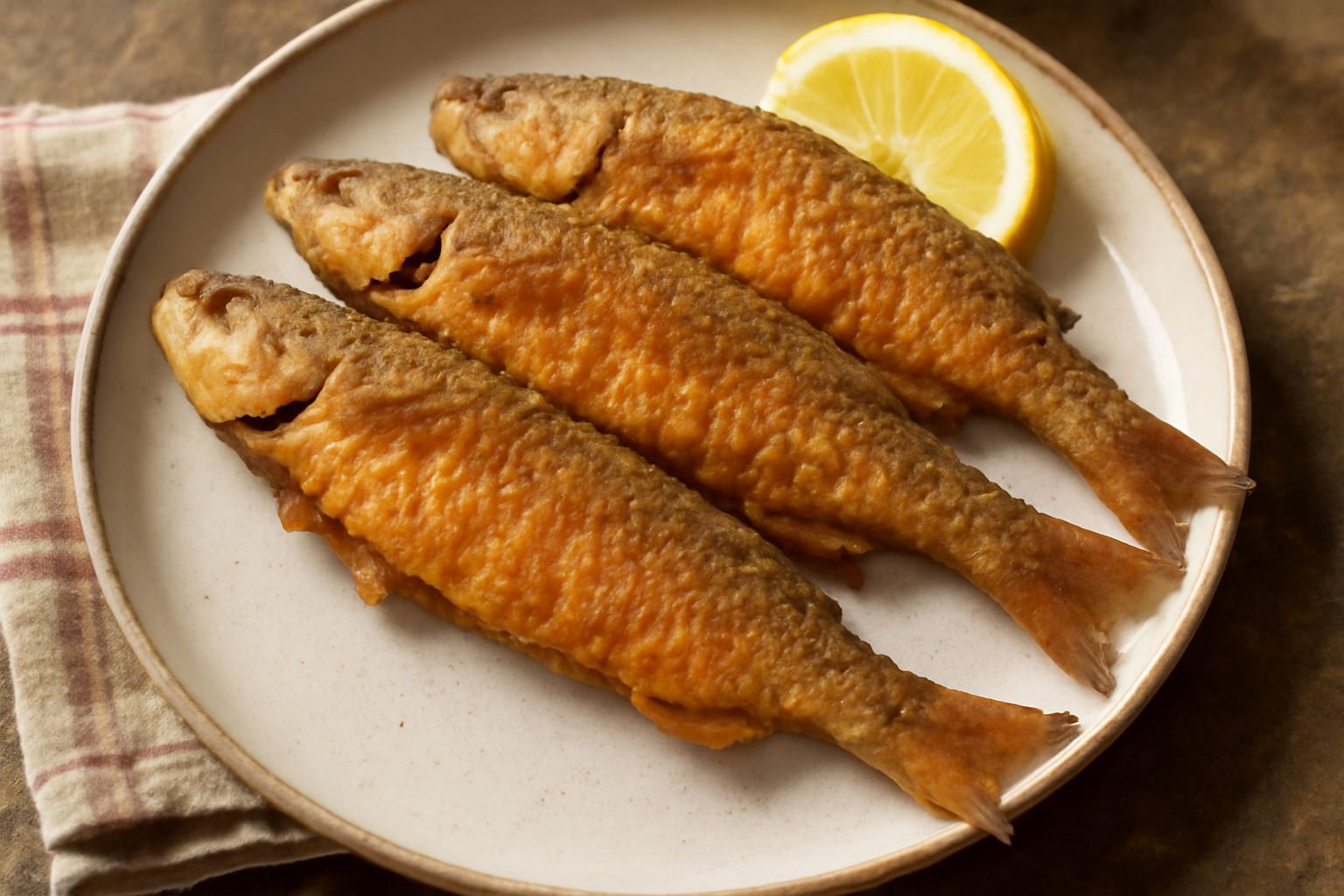 Cefali fritti dorati in un piatto bianco, con limone fresco affettato e prezzemolo tritato, su un tavolo di legno chiaro con olio di oliva sullo sfondo