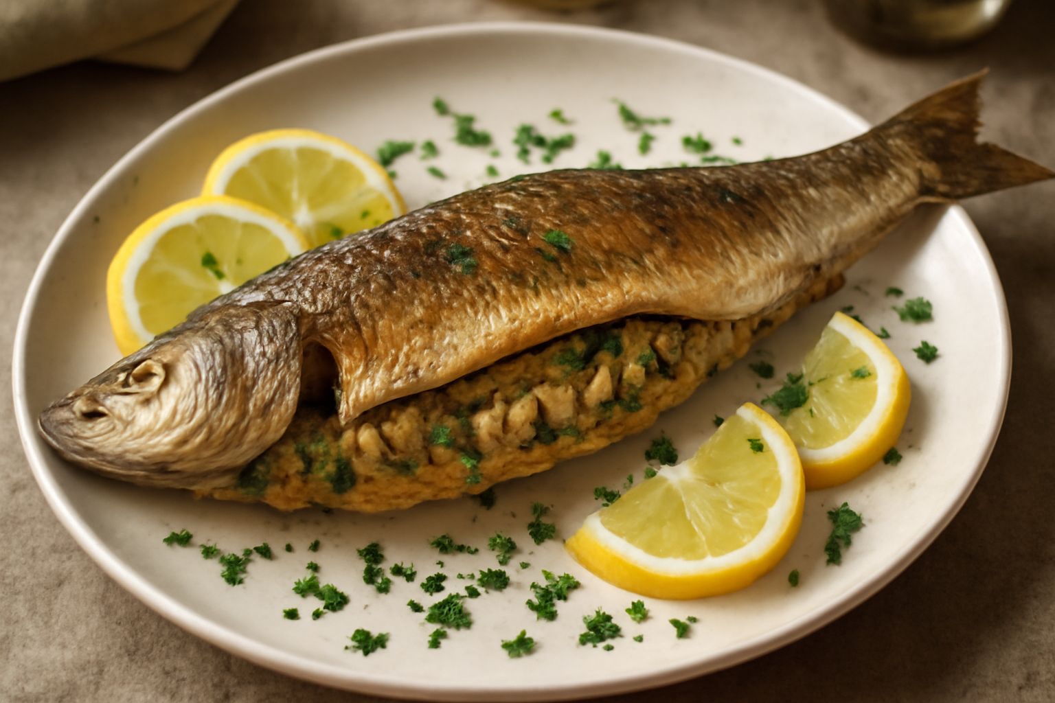 Cefalo intero ripieno al forno con scorza dorata, presentato in un piatto bianco con contorno di limone fresco e prezzemolo verde, pelle croccante visibile