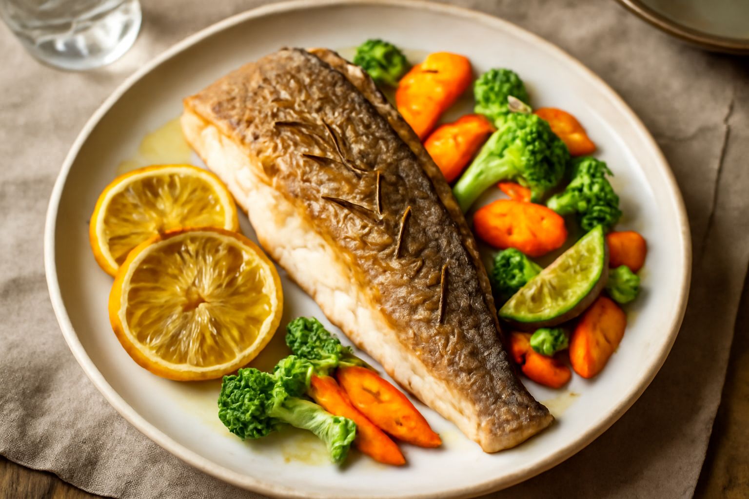 Un cefalo intero al forno con pelle dorata e croccante, contornato da fette di limone fresco, rosmarino e salvia verde, adagiato su carta da forno bianca, visto da sopra