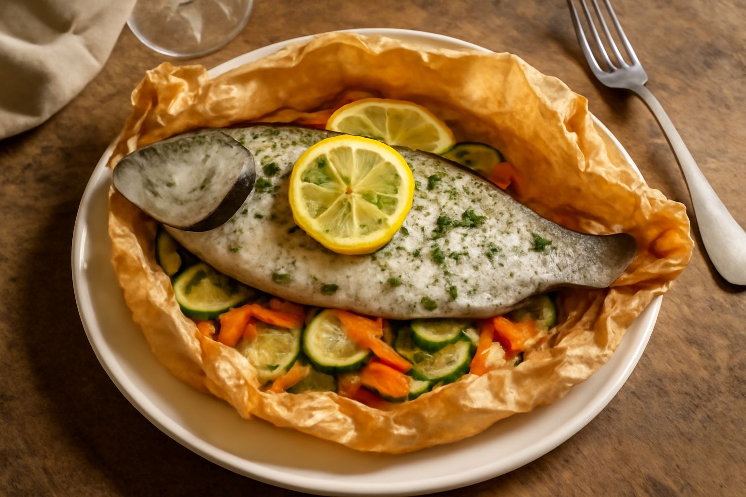 Cefalo intero cotto al cartoccio, carta marrone aperta, pesce bianco e morbido visibile, contorno di zucchine verdi tagliate a julienne, limone fresco a fette, prezzemolo fresco verde intenso, piatto 